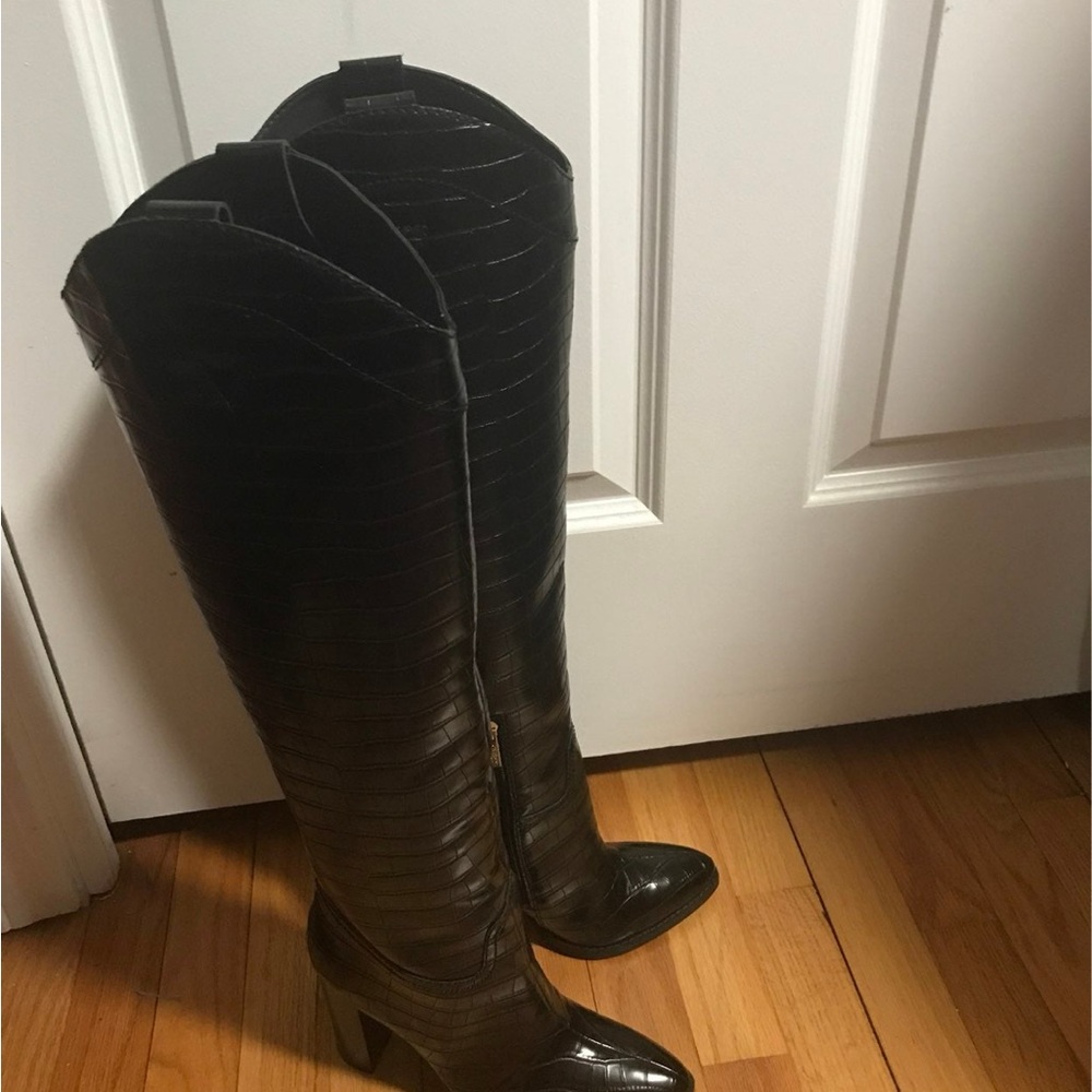 G by Guess croc Textured Black Heeled Boots